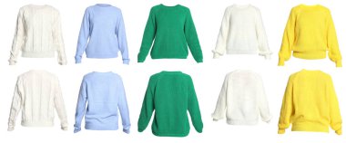 Beyaz, arkadan ve önden izole edilmiş farklı sıcak süveterler.