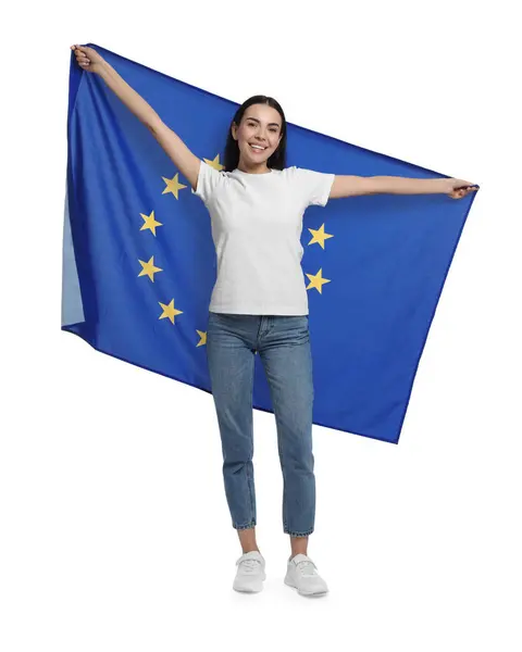 Mulher Segurando Bandeira União Europeia Fundo Branco — Fotografia de Stock