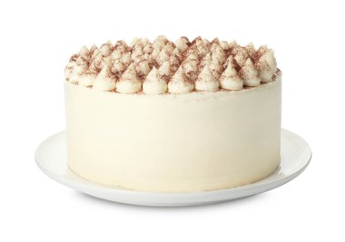 Beyaz üzerine kakao tozu serpilmiş nefis bir tiramisu keki.