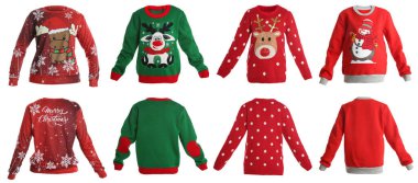 Yılbaşı kazakları beyaz, arka ve ön kısımda izole edilmiş.