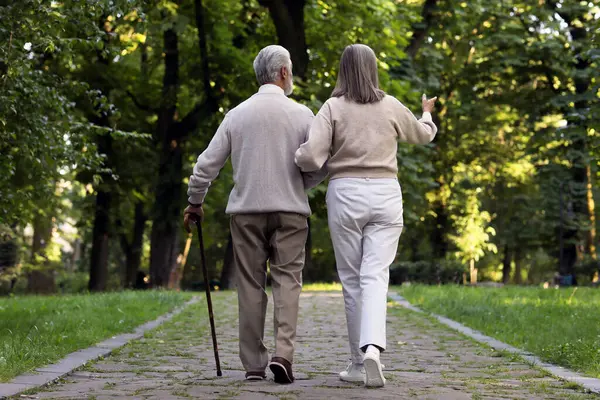 Senior man with walking cane and mature woman in park, back view