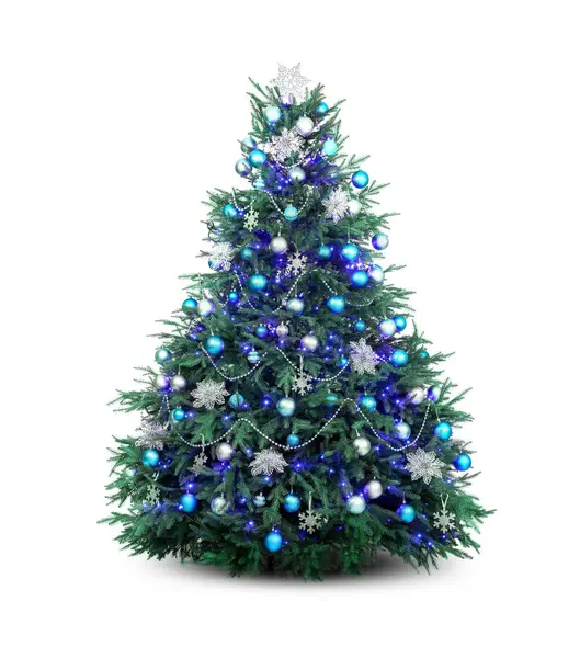 Hermoso Árbol Navidad Decorado Con Adornos Luces Festivas Aisladas Blanco — Foto de Stock