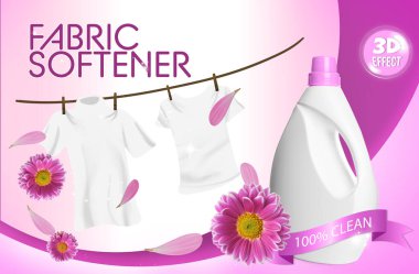 Kumaş yumuşatıcı reklam tasarımı. Bir şişe saç kremi, kasımpatı çiçekleri ve pembe arka planda kurutulmuş çamaşırların çizimi.