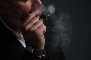 Sakallı adam koyu gri arka planda puro içiyor, yakın plan. Metin için boşluk