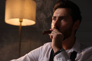 Evde puro içen yakışıklı bir adam. Metin için boşluk