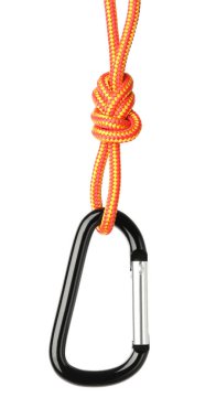 Beyaz halatla izole edilmiş bir metal karabina.