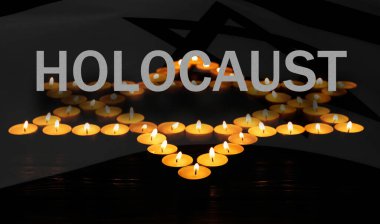 Holocaust memory day, banner design. Star of David made with burning candles and flag of Israel, double exposure clipart