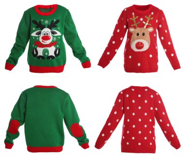 Yılbaşı kazakları beyaz, arka ve ön kısımda izole edilmiş.