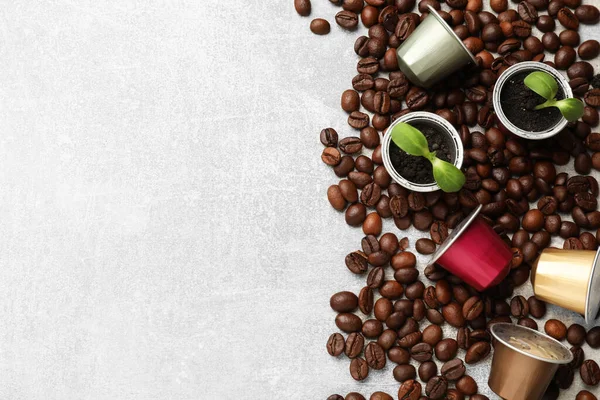 Coffee capsules with seedlings and beans on light grey table, flat lay. Space for text