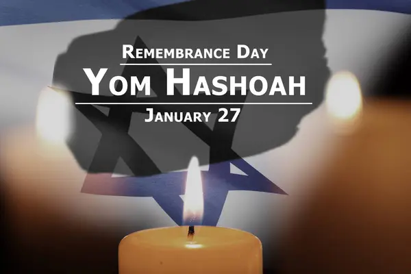 Remembrance Day Yom Hashoah, January 27. Burning candles and flag of Israel, double exposure