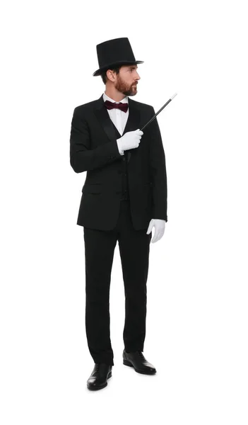 Magician Top Hat Holding Wand White Background Stock Photo