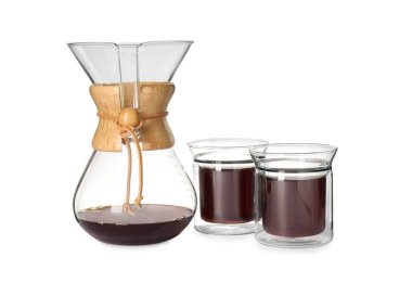 Chemex coffeemaker and glasses of coffee isolated on white clipart
