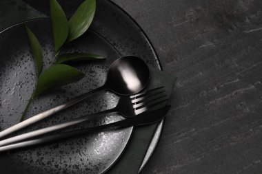 Zarif bir sofra. Tabaklar, çatal bıçak takımı, yeşil yapraklı peçete ve dal. Metin için boşluk