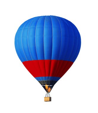 Beyaz arka planda hasır sepeti olan parlak sıcak hava balonu