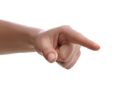 Beyaz arka planda işaret parmağı olan kadın, yakın plan