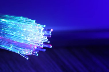 Optik fiber iplikler, bulanık arka plan ve makro görüşe karşı farklı renk ışıkları iletiyor. Metin için boşluk