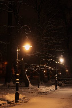 Akşam üzeri karla kaplı şehir caddesi manzarası.