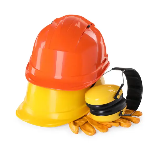 Hard Hats Earmuffs Gloves Isolated White Safety Equipment — Stock Photo, Image