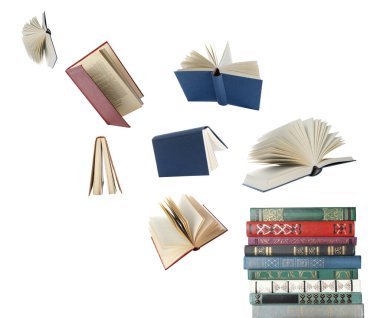 Beyaz arkaplanda uçan kitaplar