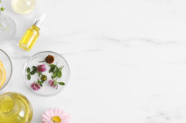 Kozmetik yağ ve çiçekler beyaz mermer masada, düz yerde. Metin için boşluk