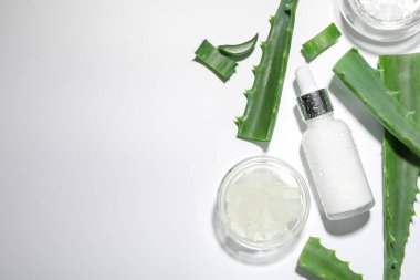 Kozmetik ürünlerle düz konum ve beyaz arka planda aloe vera kesimi. Metin için boşluk