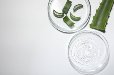 Kozmetik jöleli petri kapları ve beyaz arka planda aloe vera kesimi, düz yatak. Metin için boşluk