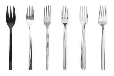 Birçok farklı çatal beyaz üzerine izole edilmiş, set