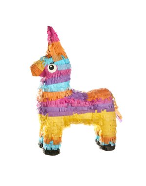 Beyaz üzerine izole edilmiş parlak renkli eşek pinyatası.