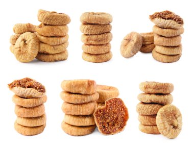 Kurutulmuş incirler beyazda izole edilmiş.