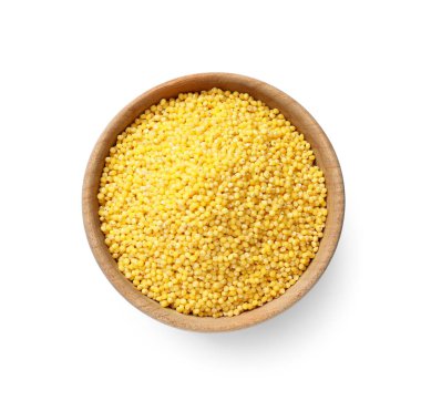 Beyaz kasede kuru darı tohumları, üst manzara