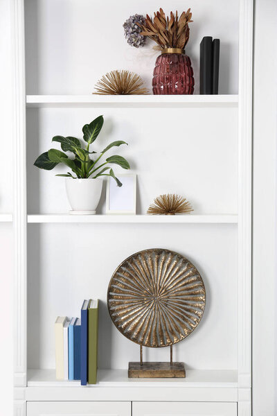 White shelving unit with houseplant and different decor elements in room. Interior design