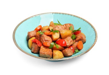 Beyaz üzerine izole edilmiş lezzetli gulaş tabağı.