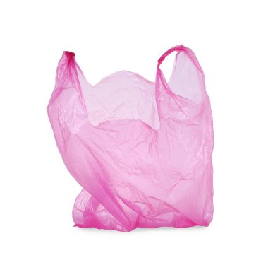 Bir pembe plastik torba beyaza izole edilmiş.