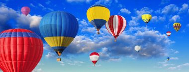 Gökyüzünde bir sürü parlak sıcak hava balonu uçuşuyor, afiş tasarımı