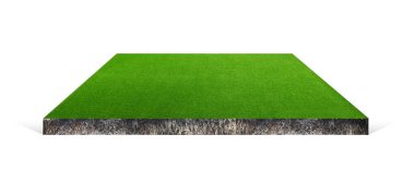 Topraklı yeşil çimen. Beyaz üzerine izole edilmiş kare şeklindeki kara parçası