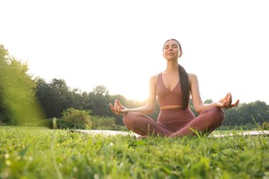 Güzel bir genç kadın yoga minderinde Padmasana egzersizi yapıyor. Lotus pozu