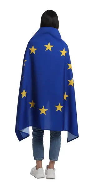 Mulher Segurando Bandeira União Europeia Fundo Branco Visão Traseira — Fotografia de Stock