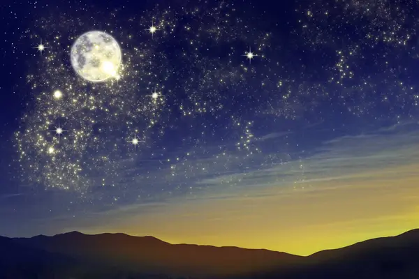 Vackert Landskap Med Fullmåne Stjärnklar Himmel Natten — Stockfoto