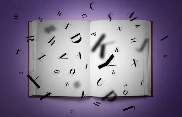 Cartas Volando Fuera Libro Abierto Sobre Fondo Púrpura Vista Superior —  Fotos de Stock
