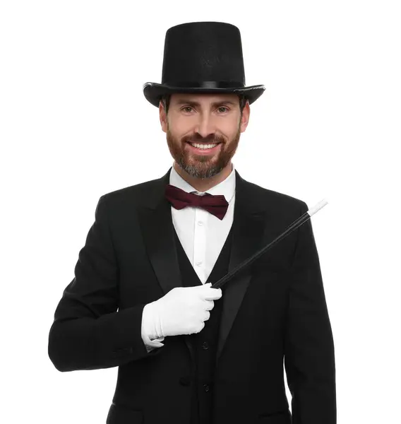 Happy Magician Top Hat Holding Wand White Background Stock Picture