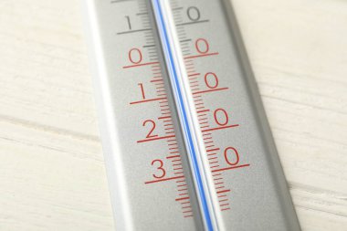 Beyaz ahşap zemin üzerinde modern hava termometresi, yakın plan