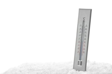 Beyaz arkaplana karşı karda hava termometresi