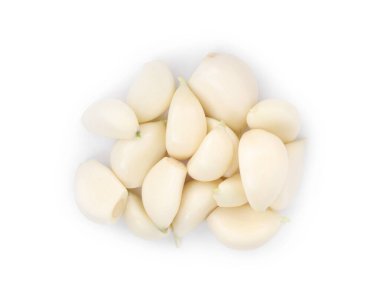 Soyulmuş taze sarımsak karanfilleri beyaz, üst manzara