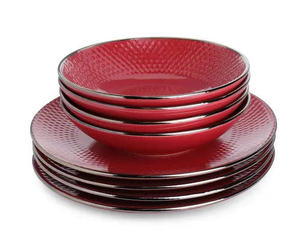 Stack Red Bowls Plates Isolated White — Stock Photo, Image
