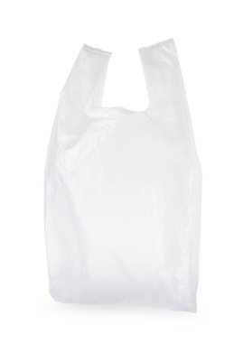 Beyaza izole edilmiş boş bir plastik torba.