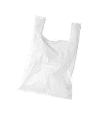 Beyaza izole edilmiş boş bir plastik torba.