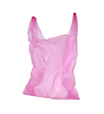 Bir pembe plastik torba beyaza izole edilmiş.