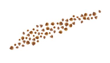 Beyaz arka planda uçan karabuğday. Havadaki tahıllar