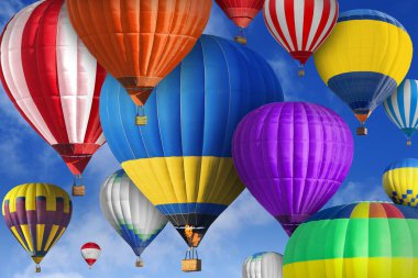 Gökyüzünde bir sürü parlak sıcak hava balonu uçuşuyor.
