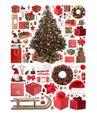 Noel çalışanları ve hediye kutuları beyaz, koleksiyon